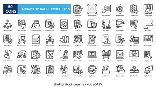 Sop Line Icon Set. Sop Manual, Workflow Steps, Task Instruction, Work Procedure, Checklist , Training Guide, Step By Step