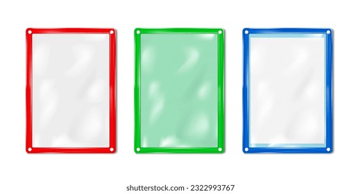 SOP magnetic folder display color vector mockup set. Wall frame document holder realistic mock-up. Template for design. Easy to recolor