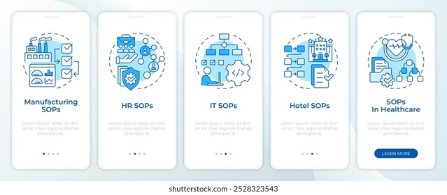 SOP practices blue onboarding mobile app screen. Walkthrough 5 steps editable graphic instructions with linear concepts. UI, UX, GUI template