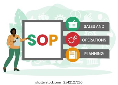 SOP - Sales and Operations Planning acronym. business concept background. vector illustration concept with keywords and icons. lettering illustration with icons for web banner, flyer, landing page