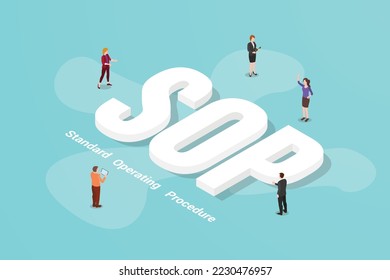 sop standard operating procedure big text word and people around with modern isometric style