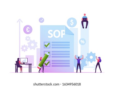 Sop, Standard Operating Procedure Concept. People Writing Step-by-step Instructions Compiled by Organization to Help Workers Carry Out Complex Routine Operations. Cartoon Flat Vector Illustration