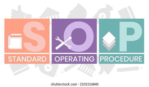 SOP, Standard Operating Procedure. Concept with keywords, letters and icons. Colored flat vector illustration. Isolated on white background.