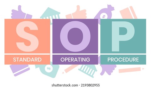 SOP, Standard Operating Procedure. Concept with keywords, letters and icons. Colored flat vector illustration. Isolated on white background.