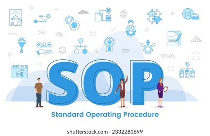 sop standard operating procedure concept with big words and people surrounded by related icon with blue color style