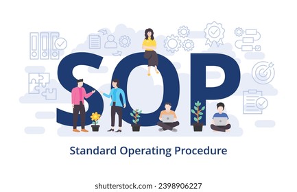SOP - Concepto de procedimiento operativo estándar con acrónimos de texto de palabra grande y gente de equipo en ilustración vectorial de estilo plano moderno