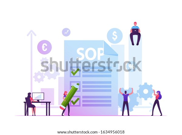 Sop, Standard Operating Procedure Concept.\
People Writing Step-by-step Instructions Compiled by Organization\
to Help Workers Carry Out Complex Routine Operations. Cartoon Flat\
Vector Illustration
