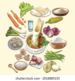 Sop Sumsum Khas Aceh  And Ingredients Illustration, Sketch And Vector Style, Traditional Food From Aceh, Good to use for restaurant menu, Indonesian food recipe book, and food content.