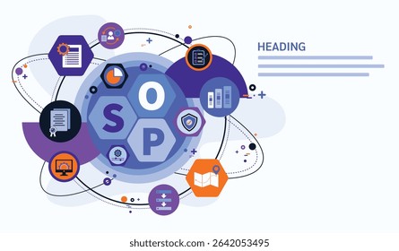 SOP web banner. Business concept for the standard, operating and procedure with icons of instruction to assist employee in complex routine operations. Vector illustration template flat design.