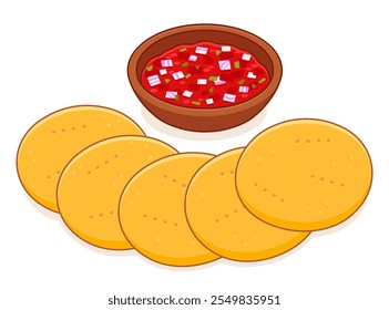 Sopaipillas com pebre, desenho tradicional da comida chilena. Pão e molho fritos. Ilustração simples do vetor do desenho animado.