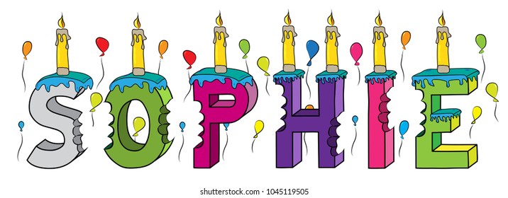 Sophie female first name bitten colorful 3d lettering birthday cake with candles and balloons.