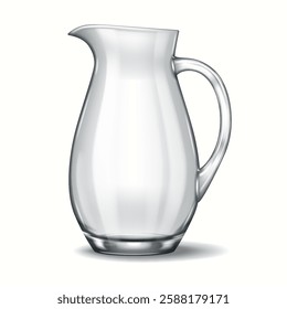 A sophisticated 3D-rendered wide glass jug with a tapered spout, featuring gentle curves and transparency. Perfect for digital compositions and premium product presentations.