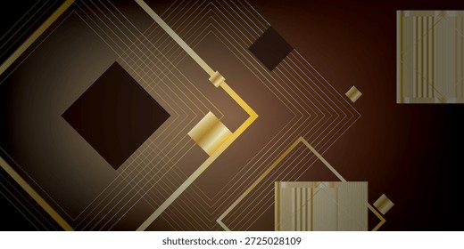 Un sofisticado fondo abstracto con una disposición dinámica de líneas doradas cuadradas y patrones texturizados en un rico degradado marrón que crea una sensación moderna y lujosa