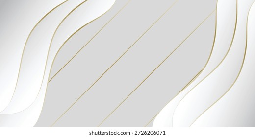 A sophisticated abstract background featuring smooth, flowing wavy lines in shades of white and grey, subtly highlighted with delicate golden outlines, creating a modern and elegant visual.