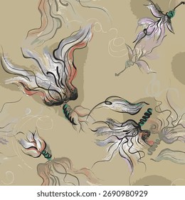 Sophisticated abstract composition with fluid lines and natural shapes in beige and brown hues, perfect for textile, wallpaper, or art prints.