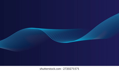 A sophisticated abstract digital artwork featuring flowing, luminous cyan and aqua lines forming graceful waves against a deep navy blue gradient background, perfect for modern technology or