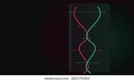 A sophisticated abstract double helix rises behind a translucent glass panel with neon-edge illumination. Magenta, Mint Green and Ebony color theme.