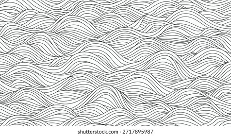 Sophisticated abstract line pattern of flowing waves and curves in black and white for modern minimalist textile design textures.
