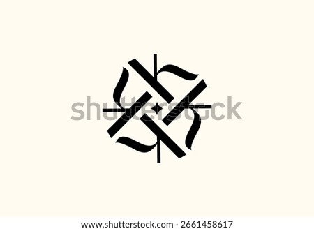 A sophisticated and abstract logo featuring a stylized letter 'K' composed of bold, intertwining geometric shapes that create a sense of movement and elegance. 
