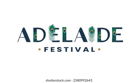 A sophisticated Adelaide Festival logo featuring peacock feathers incorporated into the typography, symbolizing elegance, creativity, and artistic flair for the festival