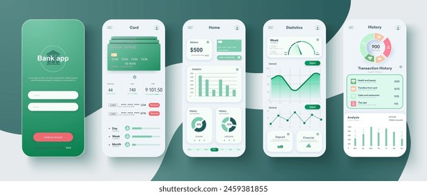 Sophisticated Bank App Interface Design Displayed on Smartphone Screens. Templates for Online Banking: Set showcasing financial management, credit card services, payments, and banking features. Vector