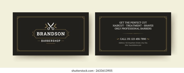 A sophisticated barber business card template with a bold logo design and essential contact details. Perfect for barbershop branding, business promotion, and print materials