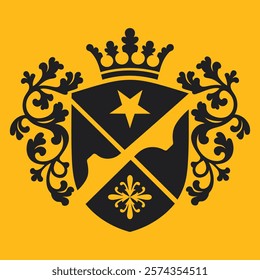 A sophisticated black coat of arms design featuring a crown, shield with crossed elements, a star, and ornate floral accents, set against a bright gold background.