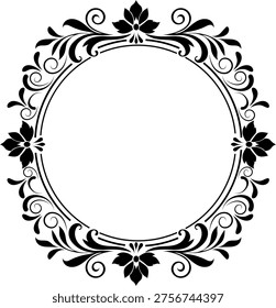 Sophisticated black floral circular frame with ornamental details and balanced composition. Ideal for invitations, branding, greeting cards, and premium marketing materials.