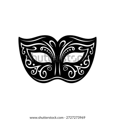 A sophisticated black masquerade mask featuring intricate white swirl patterns, perfect for mystery and celebration.