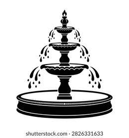A sophisticated black silhouette of a classic three tier garden fountain with cascading water droplets. Perfect for landscape design, park icons, and architecture.