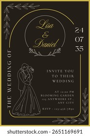 Sophisticated black wedding invitation featuring gold typography, floral outlines, and couple silhouette. Ideal for luxury wedding events and formal ceremonies.