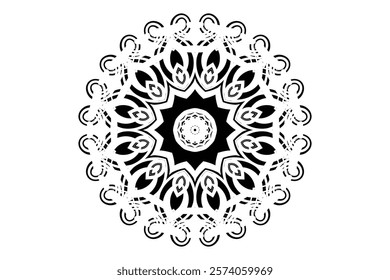 Sophisticated Black and White Circular Mandala Design with Intricate Patterns on a Pristine White Background	
