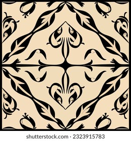 Sophisticated black and white damask pattern adorns the wall, reminiscent of elegant art nouveau designs. The intricate floor pattern complements the overall aesthetic.