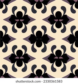 Sophisticated black and white damask pattern featuring a repetitive floral motif, reminiscent of art deco designs. The intricate details add depth and texture to the fabric.