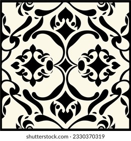Sophisticated black and white pattern set against a pristine white background, featuring an elegant damask design. The intricate and ornate baroque motifs exude a sense of timeless beauty.