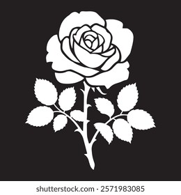 A sophisticated, black and white silhouette of a rose and its leaves.