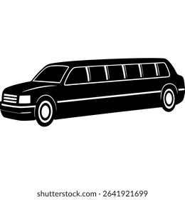 A sophisticated black and white vector illustration presents a classic limousine car, isolated against a pristine white background.