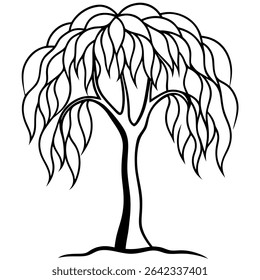 Uma sofisticada ilustração vetorial em preto e branco apresenta uma graciosa árvore de salgueiro chorão, perfeita para vários projetos de design. Este desenho elegante mostra a estrutura delicada da árvore, 