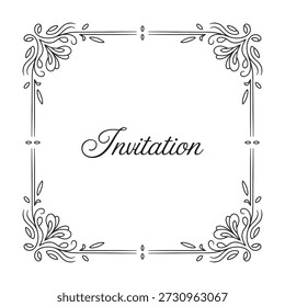 Uma sofisticada ilustração vetorial em preto e branco de um quadro quadrado com texto de 'Convite', apresentando elementos Art Deco, ideal para convites formais para eventos.