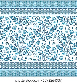sophisticated blue floral seamless pattern with detailed border for print and wedding designs
