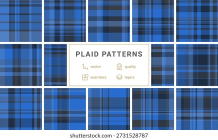 Sofisticado patrón de cuadros de tartán azul con rayas entrelazadas. Este diseño textil atemporal es perfecto para fondos de Sitio web, ropa de moda y marca profesional.
