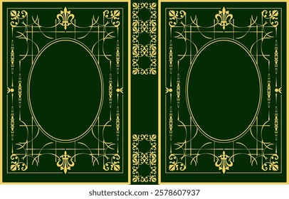 Sophisticated book cover design featuring oval frames, decorative borders, and elegant fleur-de-lis motifs in green and gold

