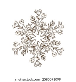 A sophisticated botanical mandala created from a single floral element, repeated six times for a harmonious design. Suitable for meditation art, decorative prints, and packaging.