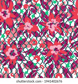 Sophisticated botanical seamless pattern with stylized flowers and rabitz zig zag curved lines. Trendy flat design.
