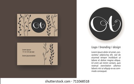 Sophisticated brand logo design. Calligraphy hand drawn letter A on a black circle. Business card template.