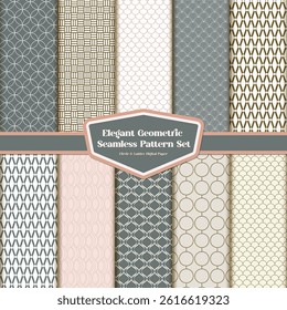 sophisticated bundle of 10 seamless geometric patterns in soft tones, featuring circles, lattice, and scales. Perfect for modern stationery, invitations, packaging, and digital backgrounds