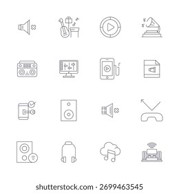 Sophisticated bundle of 16 Thin Line vector icons for Audio, engineered with 256x256 PIXEL Perfect clarity for professional applications.