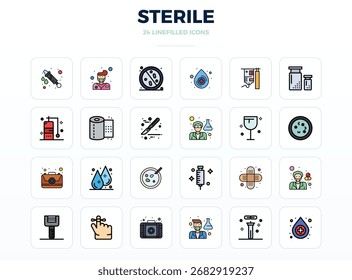 Anspruchsvolles Paket von 24 LineFill Vektorsymbolen für Sterile, entwickelt mit 128x128 PIXEL perfekte Klarheit für professionelle Anwendungen.