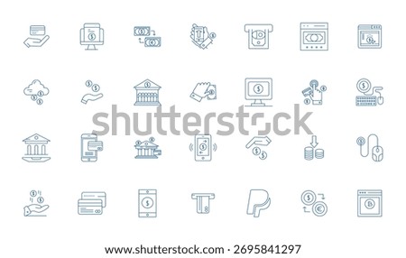 Sophisticated bundle of 28 Thin Line vector icons for Money Transfer, engineered with High Resolution Grid Fitted clarity for professional applications.