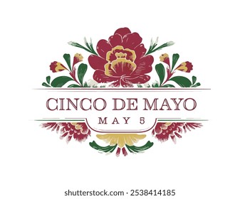 Um sofisticado logotipo do vetor Cinco de Mayo que captura a estética cultural mexicana com padrões florais elegantes. O design apresenta detalhes de flores e folhas tradicionais mexicanas em vermelho, verde e yel